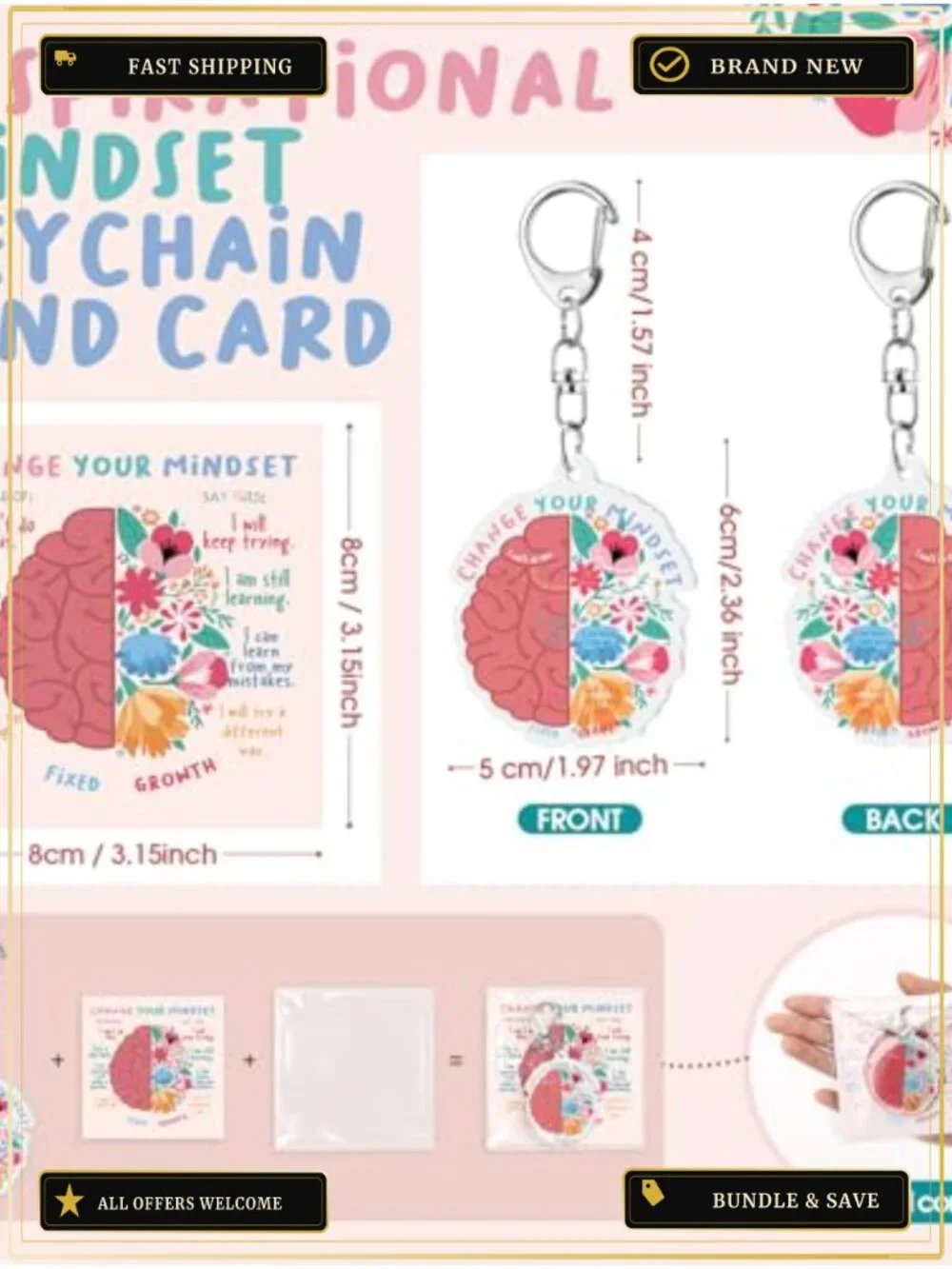 Set of 100 Growth Mindset Acrylic Keychains with Motivational Cards for